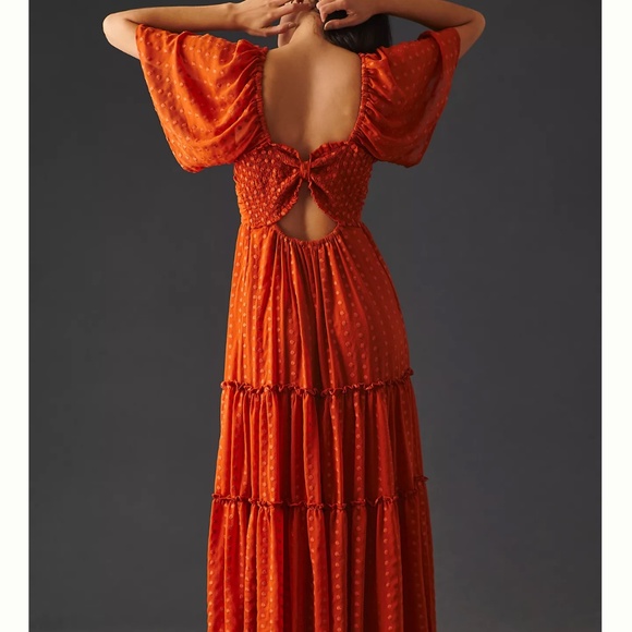 Anthropologie Ruched Orange Tiered Open Back Dress Size Medium - Picture 2 of 8